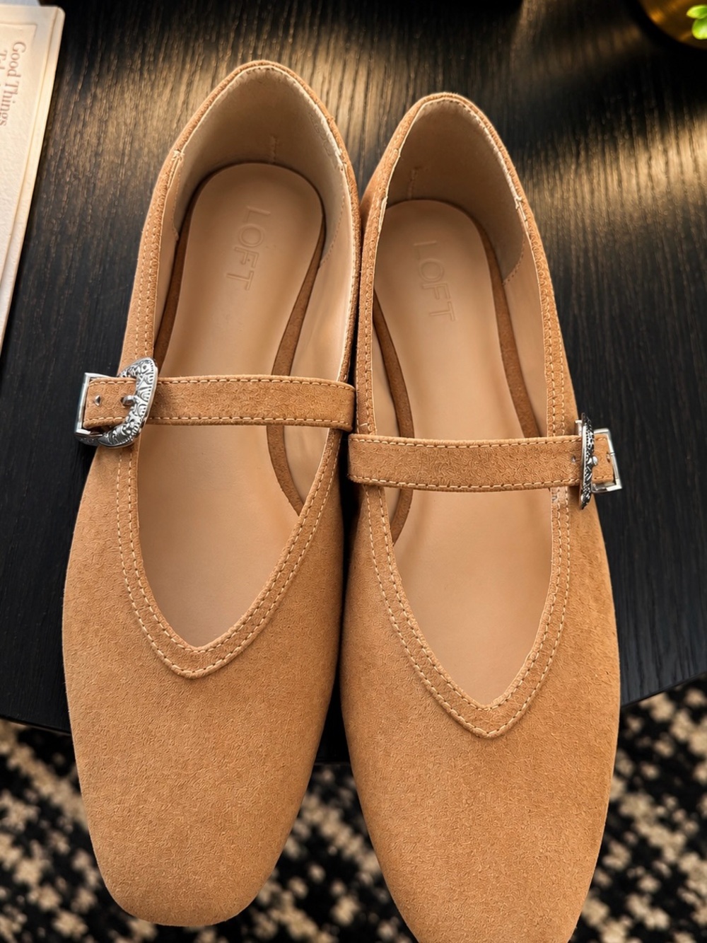LOFT Tan Suede Mary Jane Flats with Decorative Silver Buckles